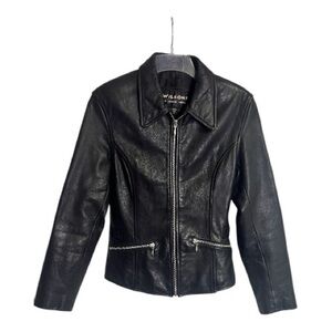 Wilsons Black Full Grain Leather Moto Fitted Jacket Zip Close 2 front Pockets XS